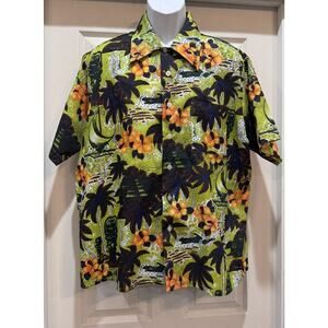 Vintage 60s/70s Waikiki 76 Bright Green Orange Hawaiian Shirt Men's Size X-Large